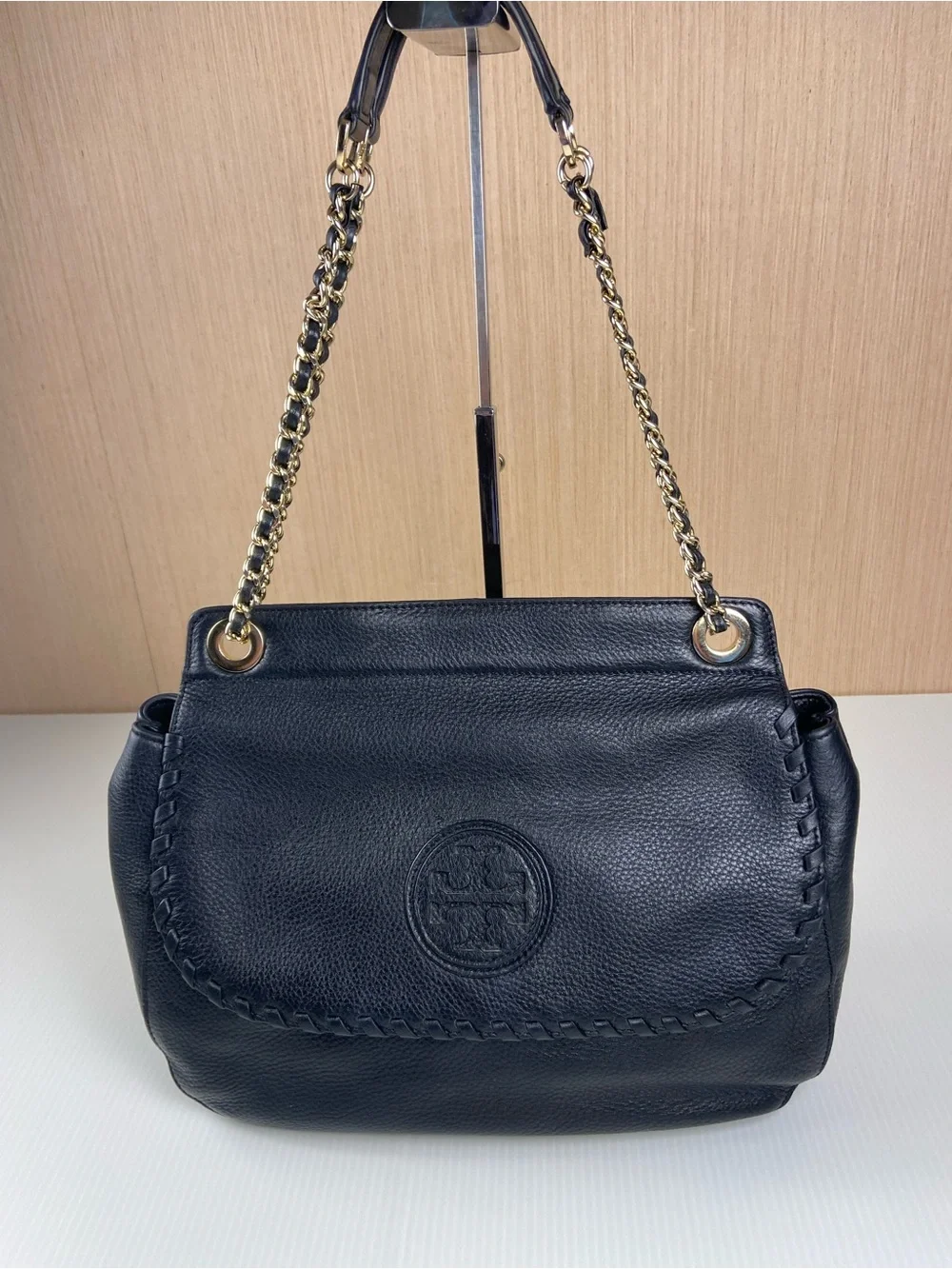 Tory Burch Black Pebbled Leather Convertible Gold Chain Shoulder Bag